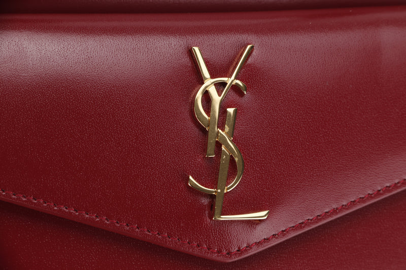 YSL SMALL UPTOWN MAROON BOX LEATHER TOTE, GOLD HARDWARE, WITH STRAP, CARD & DUST COVER