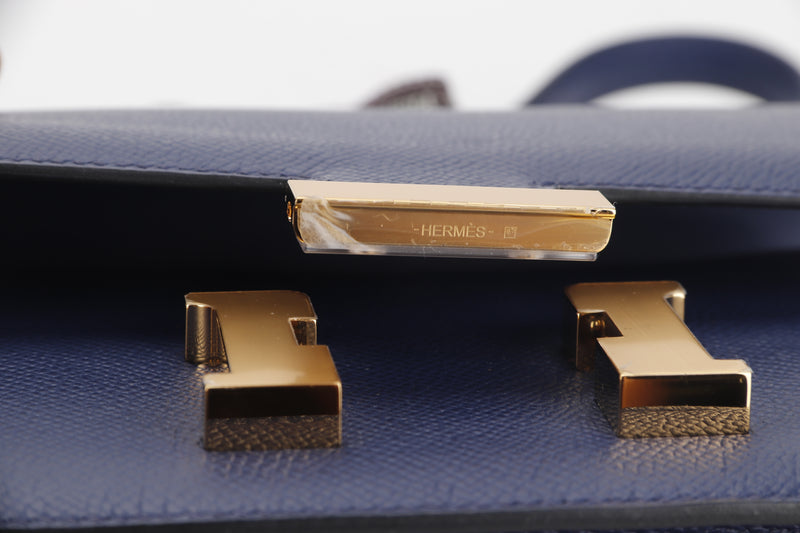 HERMES CONSTANCE 18 MINI MIRROR (STAMP U) VEAU EPSOM 73 BLUE IR, GOLD HARDWARE, WITH MIRROR, DUST COVER & BOX