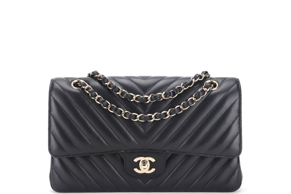 CHANEL CLASSIC DOUBLE FLAP CHEVRON (2467xxxx) MEDIUM BLACK LAMBSKIN WITH GOLD CHAIN, WITH CARD, DUST COVER & BOX