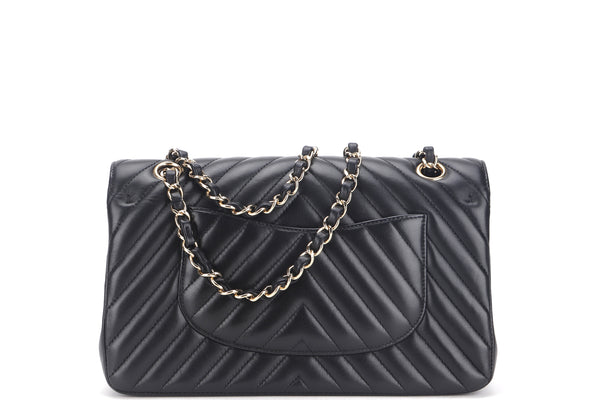 CHANEL CLASSIC DOUBLE FLAP CHEVRON (2467xxxx) MEDIUM BLACK LAMBSKIN WITH GOLD CHAIN, WITH CARD, DUST COVER & BOX