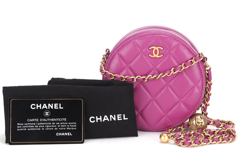CHANEL PEARL CRUSH ROUND CLUTCH WITH CHAIN (3086xxxx) PURPLE LAMBSKIN GOLD HARDWARE, WITH CARD, DUST COVER & BOX