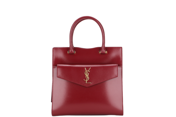 ysl small uptown maroon box leather tote, gold hardware, with strap