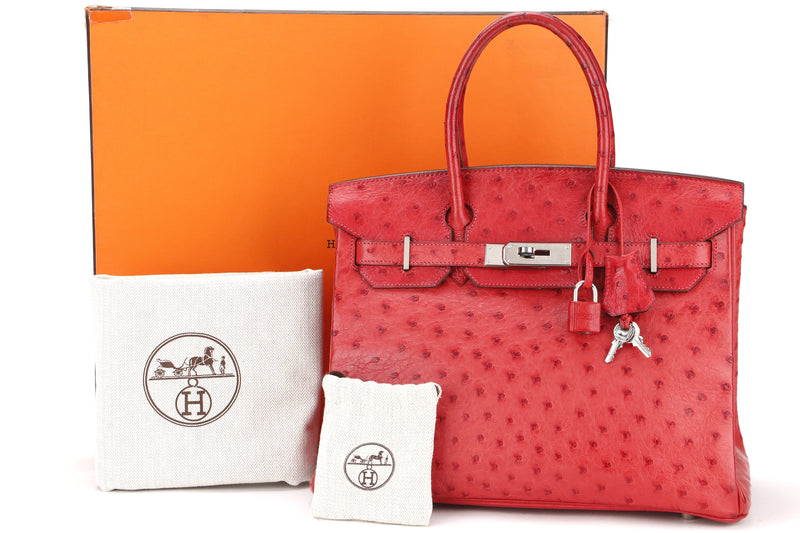 (EXOTIC) HERMES BIRKIN 30 (STAMP G (2003)) OSTRICH ROUGE VIF SILVER HARDWARE, WITH KEYS, LOCK & DUST COVER