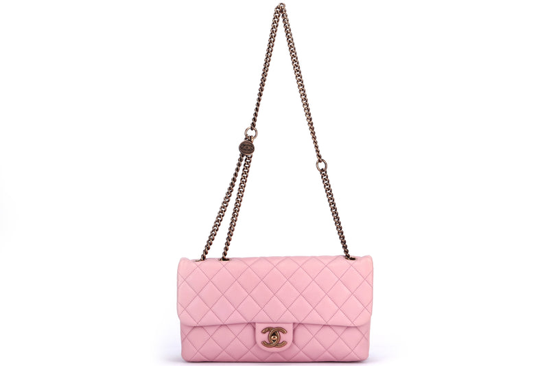 Chanel Quilted Pink Calf Leather Zippy Compartment Shoulder Bag (1875xxxx) width 28cm, Gold Chain, with Card & Dust Cover