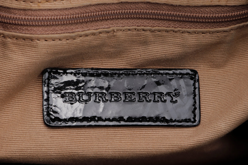 BURBERRY BILMORE SMALL BLACK PATENT NOVA CHECK TOTE BAG, NO DUST COVER & BOX