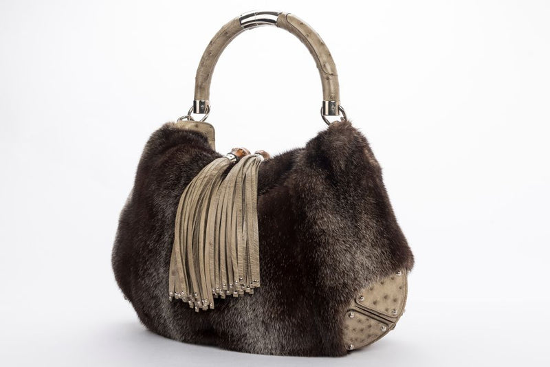 (Exotic) Gucci Limited Edition Indy Bag (182388 000926) in Mink & Ostrich, with Dust Cover