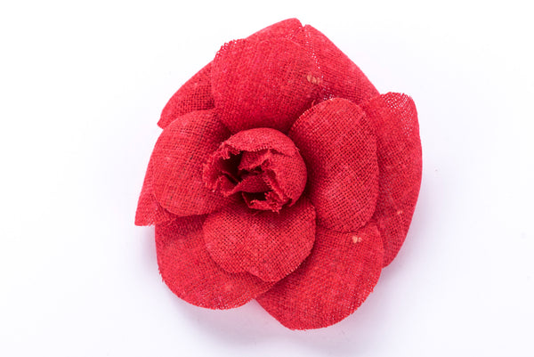 Chanel Camellia Brooch Red Color Linen, with Box