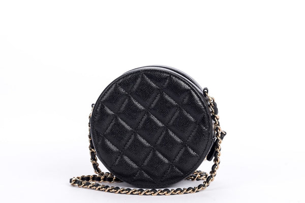 Chanel Mini Round Black Caviar Sling Bag Rose Gold Hardware