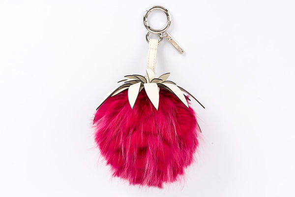 Fendi Strawberry Pink Fur White Leather Bag Charm, Silver Hardware, no Dust Cover & Box