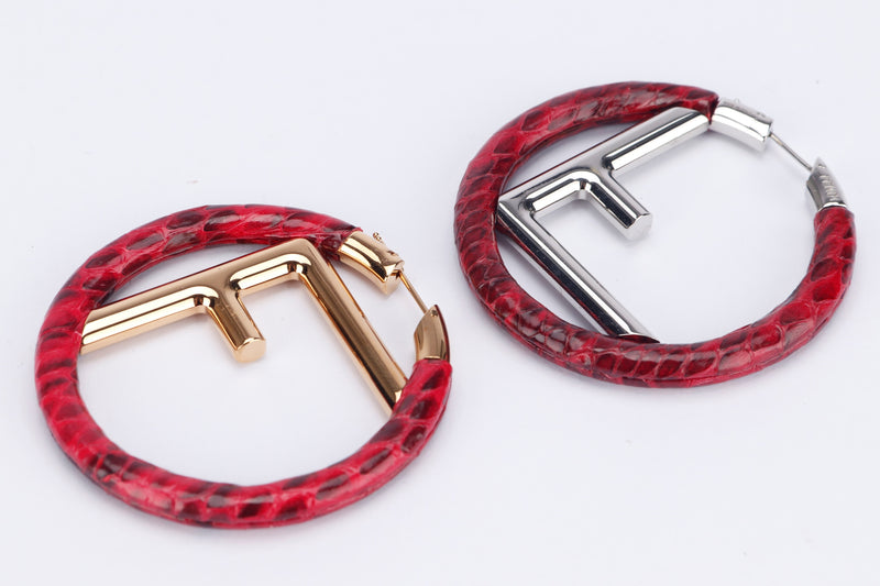 FENDI SILVER F INITIALS WITH RED LIZARD SKIN ROUND SHAPE EARRING, WITH BOX