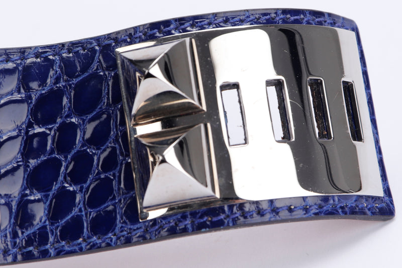 (Exotic) Hermes CDC Bracelet (Stamp P), Blue Electric Alligator Leather, Silver Hardware, with Dust Cover & Box