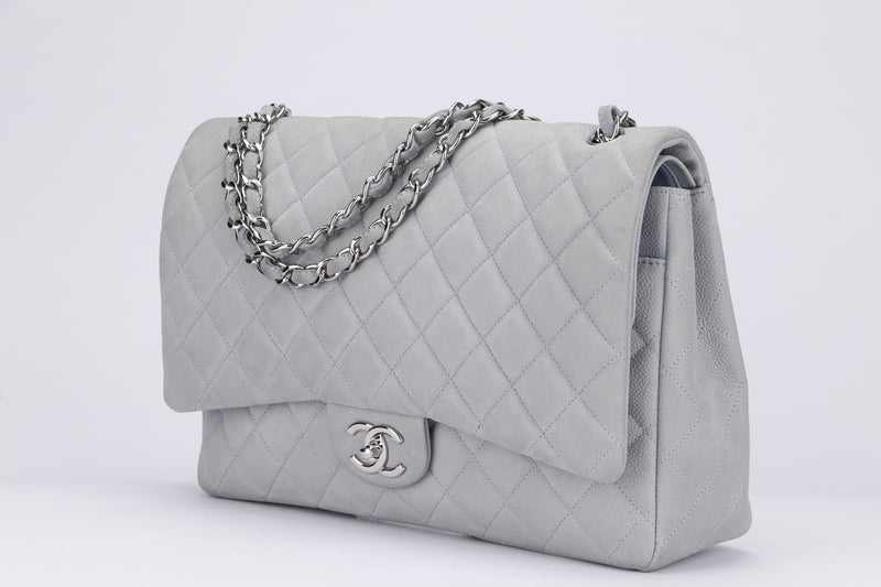 Chanel Classic Flap Maxi (1739xxxx) Grey Caviar Leather, Silver Hardware, with Card, Dust Cover & Box