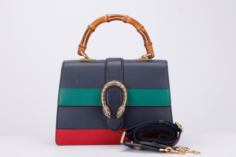 Gucci Dionysus Medium Bamboo Top Handle (448075 525040) Black, Green & Red Leather, with Strap, no Dust Cover