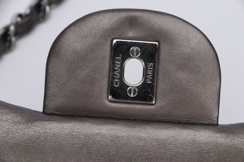 Chanel Classic Flap (1879xxxx) Jumbo Size, Metallic Grey Lambskin, Silver Hardware, with Dust Cover & Box, no Card