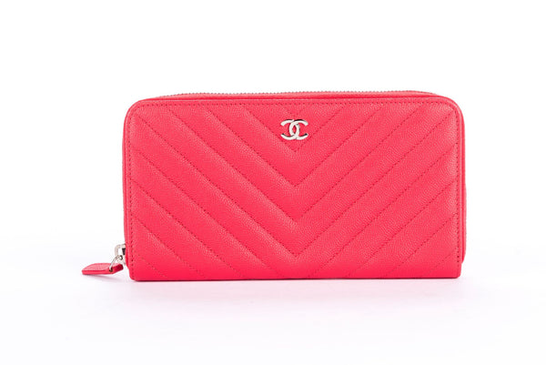 CHANEL Caviar Quilted Small Zip Around Wallet Red