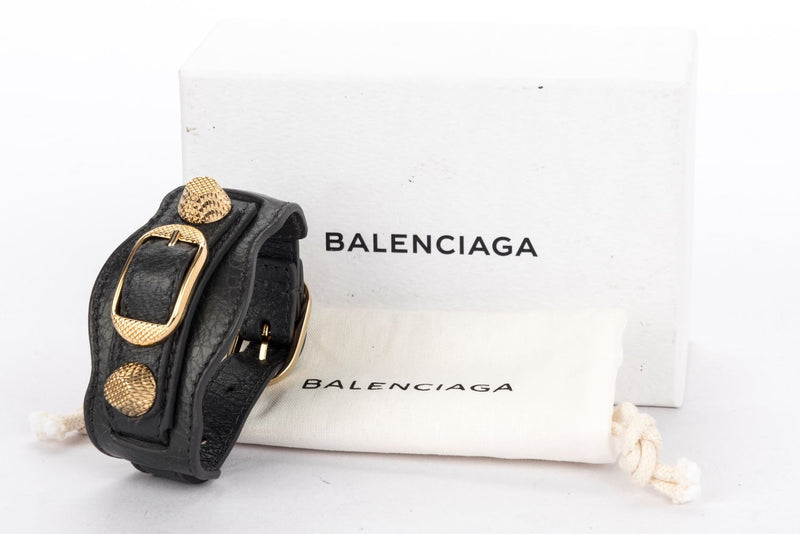 Balenciaga 235480 Grey Leather Giant Gold Studded Bracelet M Size, with Dust Cover & Box