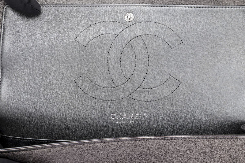 Chanel Classic Flap (2063xxxx) Jumbo Dark Metallic Silver Perforated Lambskin with Card & Dust Cover