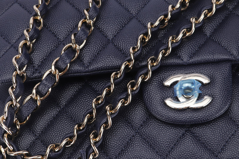 Chanel Classic Flap (G98Hxxxx) Medium Size Dark Blue Caviar Leather, Light Gold Chain, with Dust Cover & Box