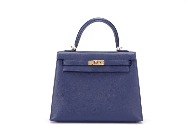At Auction: Hermes Kelly Handbag Bleu Saphir Clemence with Gold Hardware 35  Blue