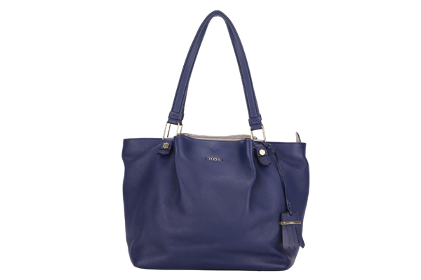 TODS FLOWER TOTE LARGE NAVY BLUE LEATHER GOLD HARDWARE WITH DUST COVER