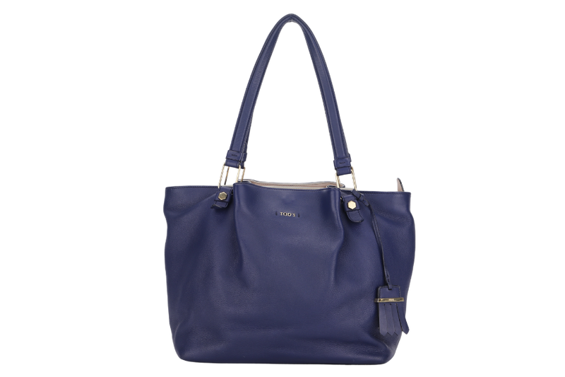 TODS FLOWER TOTE LARGE NAVY BLUE LEATHER GOLD HARDWARE WITH DUST COVER