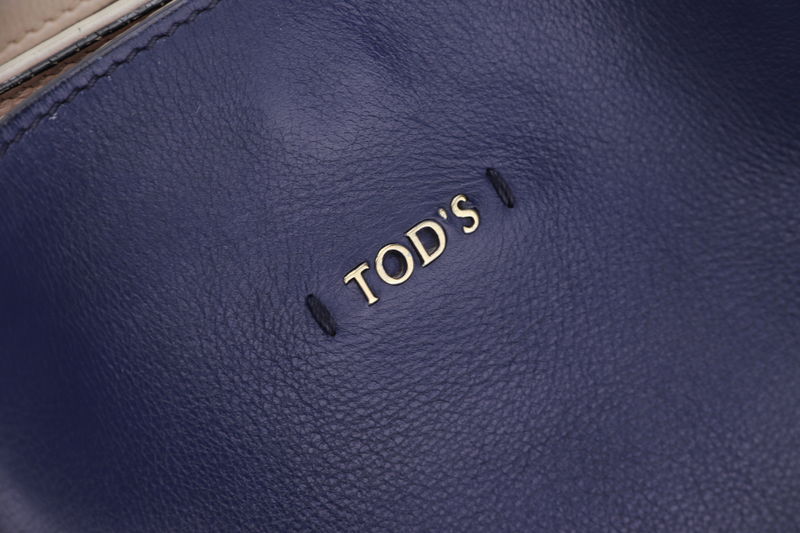 TODS FLOWER TOTE LARGE NAVY BLUE LEATHER GOLD HARDWARE WITH DUST COVER