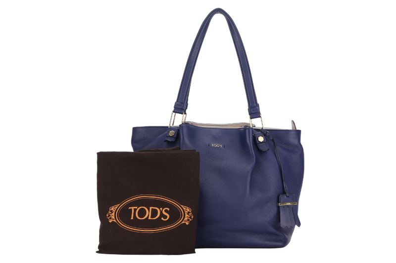 TODS FLOWER TOTE LARGE NAVY BLUE LEATHER GOLD HARDWARE WITH DUST COVER