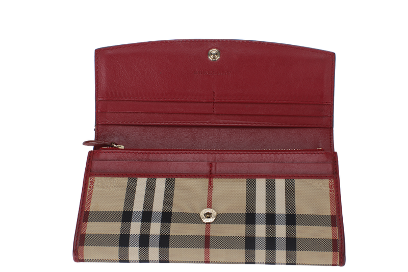 BURBERRY CHECK RED CANVAS LONG WALLET GOLD HARDWARE WITH DUST COVER AND BOX