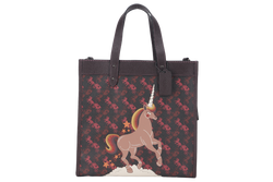 COACH FIELD TOTE BAG WITH HORSE AND CARRIAGE PRINT AND RAINBOW (79365) BURGUNDY CANVAS BHW J1947 WITH POUCH, STRAPS , CARD AND DUST COVER