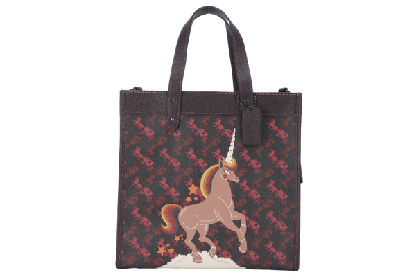 COACH FIELD TOTE BAG WITH HORSE AND CARRIAGE PRINT AND RAINBOW (79365) BURGUNDY CANVAS BHW J1947 WITH POUCH, STRAPS , CARD AND DUST COVER