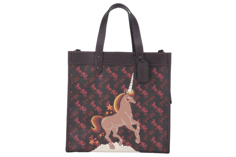 COACH FIELD TOTE BAG WITH HORSE AND CARRIAGE PRINT AND RAINBOW (79365) BURGUNDY CANVAS BHW J1947 WITH POUCH, STRAPS , CARD AND DUST COVER