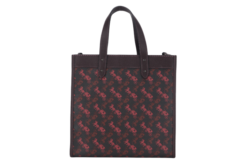 COACH FIELD TOTE BAG WITH HORSE AND CARRIAGE PRINT AND RAINBOW (79365) BURGUNDY CANVAS BHW J1947 WITH POUCH, STRAPS , CARD AND DUST COVER