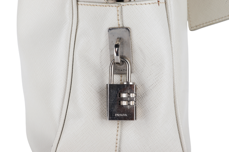 PRADA ZIP AROUND BRIEFCASE (VS0305) MEDIUM BEIGE SAFFIANO LEATHER SILVER HARDWARE WITH DUST COVER AND CARD