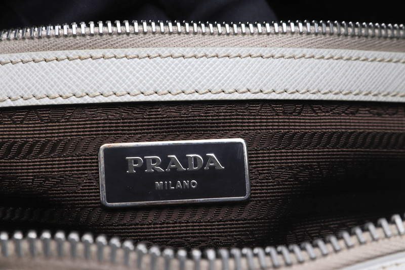 PRADA ZIP AROUND BRIEFCASE (VS0305) MEDIUM BEIGE SAFFIANO LEATHER SILVER HARDWARE WITH DUST COVER AND CARD