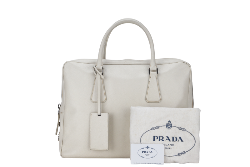 PRADA ZIP AROUND BRIEFCASE (VS0305) MEDIUM BEIGE SAFFIANO LEATHER SILVER HARDWARE WITH DUST COVER AND CARD