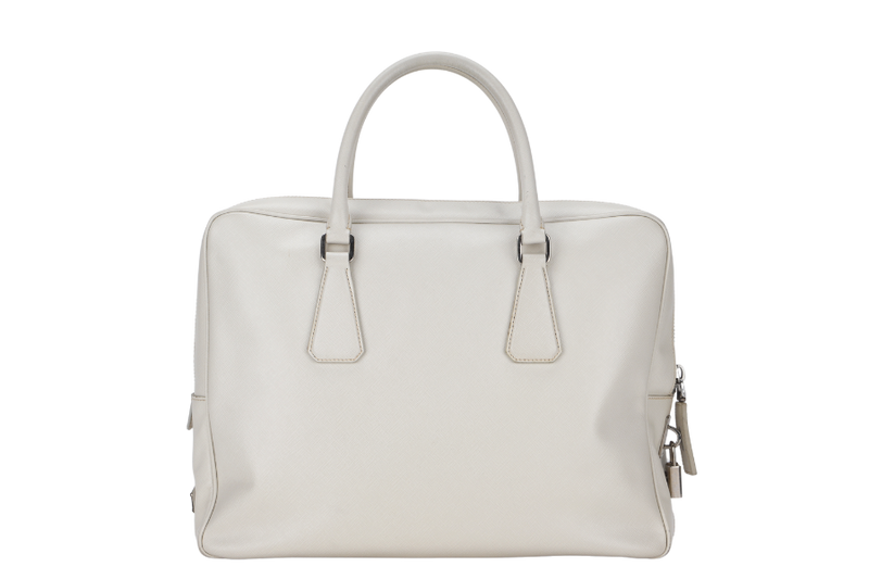 PRADA ZIP AROUND BRIEFCASE (VS0305) MEDIUM BEIGE SAFFIANO LEATHER SILVER HARDWARE WITH DUST COVER AND CARD