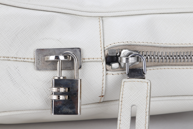 PRADA ZIP AROUND BRIEFCASE (VS0305) MEDIUM BEIGE SAFFIANO LEATHER SILVER HARDWARE WITH DUST COVER AND CARD