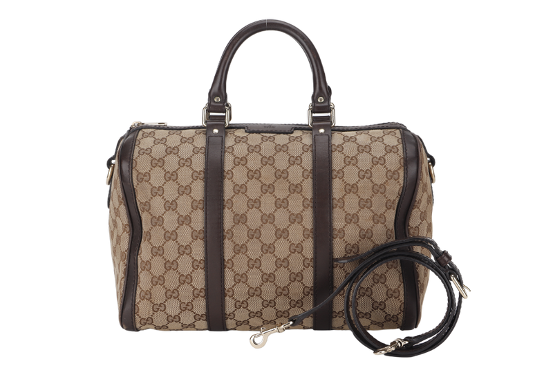 GUCCI GG SUPREME CANVAS BROWN LEATHER BOSTON BAG (247205 525040) GOLD HARDWARE WITH STRAP&nbsp;