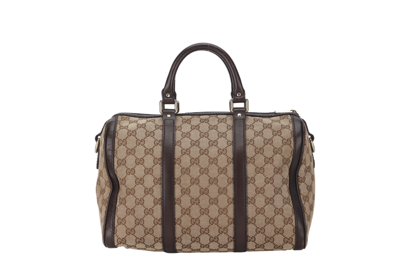 GUCCI GG SUPREME CANVAS BROWN LEATHER BOSTON BAG (247205 525040) GOLD HARDWARE WITH STRAP&nbsp;