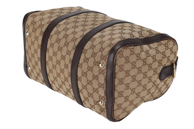 gucci gg supreme canvas brown leather boston bag 247205 525040 gold hardware with strap