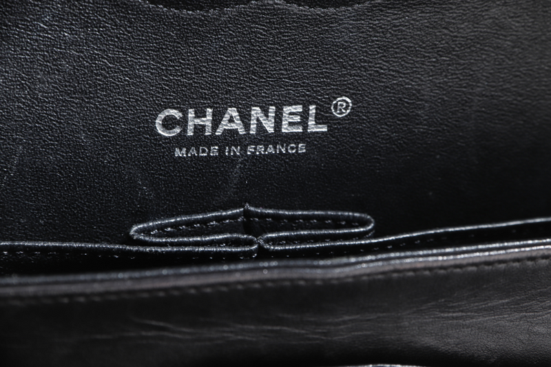 CHANEL CLASSIC FLAP MEDIUM AIRLINE BLACK SATIN SILVER HARDWARE (2262xxxx) WITH DUST COVER AND BOX