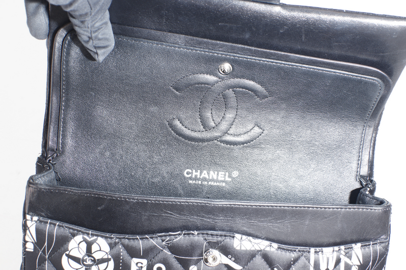 CHANEL CLASSIC FLAP MEDIUM AIRLINE BLACK SATIN SILVER HARDWARE (2262xxxx) WITH DUST COVER AND BOX