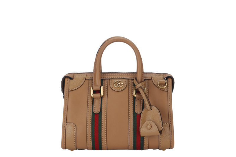 GUCCI  BAULETTO 2WAY BAG MINI CAMEL BROWN LEATHER (715771 498879) GOLD HARDWARE WITH STRAP, KEYS AND DUST COVER