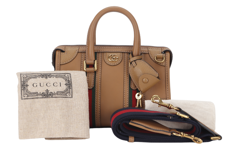 GUCCI  BAULETTO 2WAY BAG MINI CAMEL BROWN LEATHER (715771 498879) GOLD HARDWARE WITH STRAP, KEYS AND DUST COVER