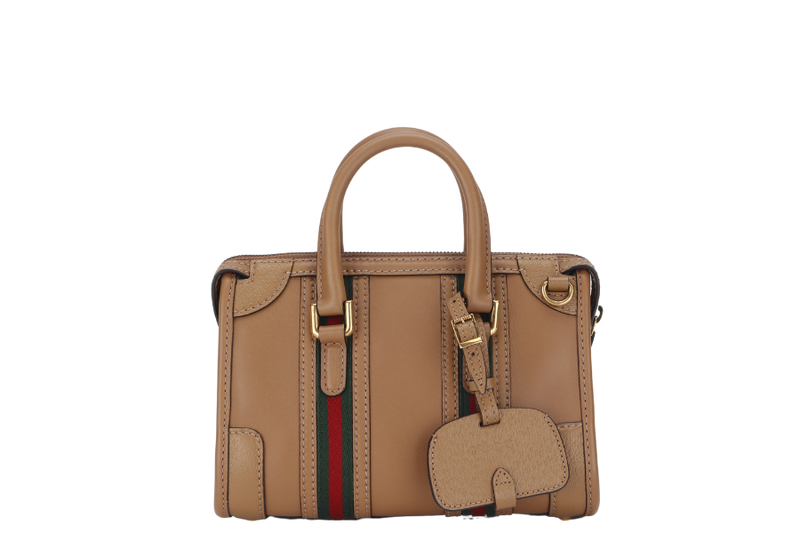 GUCCI  BAULETTO 2WAY BAG MINI CAMEL BROWN LEATHER (715771 498879) GOLD HARDWARE WITH STRAP, KEYS AND DUST COVER