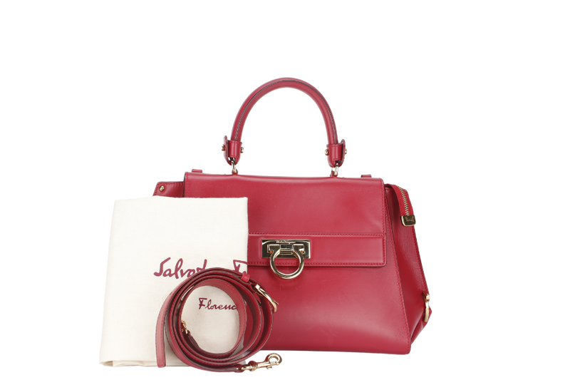 SALVATORE FERRAGAMO SOFIA DY-21 E530 2WAY BAG RED LEATHER GOLD HARDWARE WITH SLING AND DUST COVER