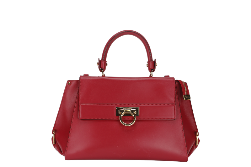 SALVATORE FERRAGAMO SOFIA DY-21 E530 2WAY BAG RED LEATHER GOLD HARDWARE WITH SLING AND DUST COVER