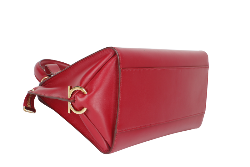 SALVATORE FERRAGAMO SOFIA DY-21 E530 2WAY BAG RED LEATHER GOLD HARDWARE WITH SLING AND DUST COVER