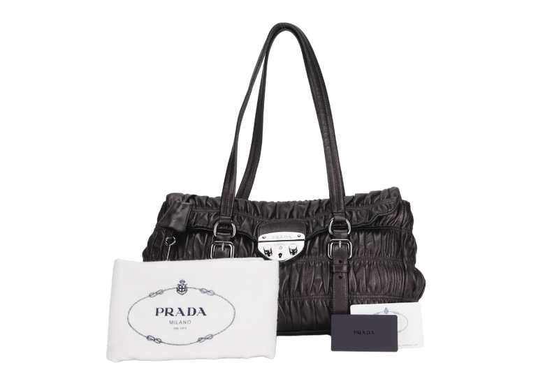 PRADA BR3971 PUSHLOCK FLAP BAG METALIC GREY LEATHER SILVER HARDWARE WITH DUST COVER