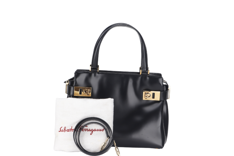 SALVATORE FERRAGAMO VINTAGE GANCINI BAG BLACK MEDIUM SMOOTH LEATHER GOLD HARDWARE AQ-21.0167 WITH DUST COVER